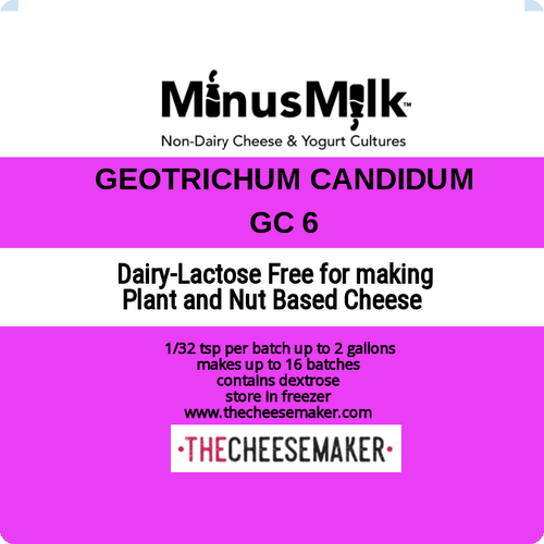 MinusMilk GC6  is a Geotrichum Candidum that is great for Non-Dairy / Plant Based cheeses for white rind formation such as Camembert or Brie.  Generally used in conjunction with Penicillium Candidum for white rind formation (see MinusMilk PC6 Penicillium Candidum)  This culture is Dairy/Lactose free