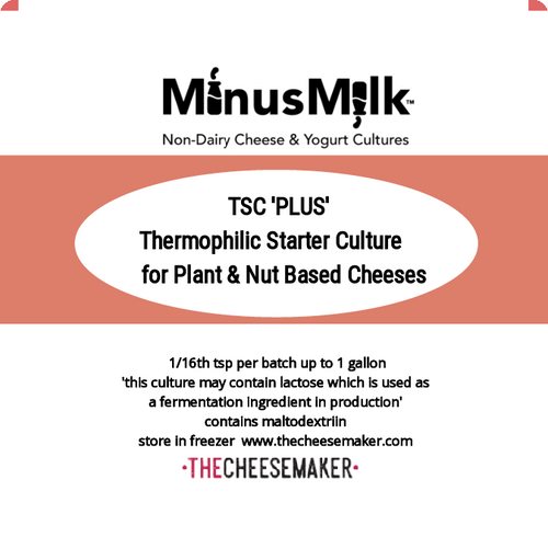 MinusMilk Thermophilic  Starter TSC PLUS is a Thermophilic Starter culture ideal for making Plant and Nut based cheeses.
Added strains of bacteria make this effective in fermenting a wide variety of nut milks and plant based milks and add 
texture and flavor to your non-dairy cheeses.