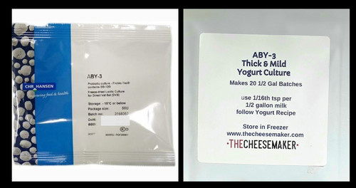 20 Batch Standard Pack or 50 U Bulk Pack;  ABY3 from CHR Hansen is a very popular yogurt culture that produces a mild, thick and creamy yogurt.