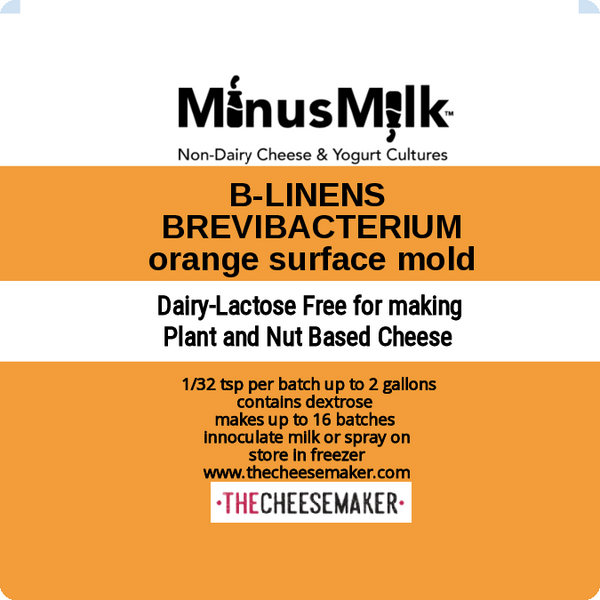 MinusMilk B-Linens is used for washed rind and smear cheeses such as Brick, traditional Muenster, Reblochon, Taleggio
This culutre is Dairy / Lactose free