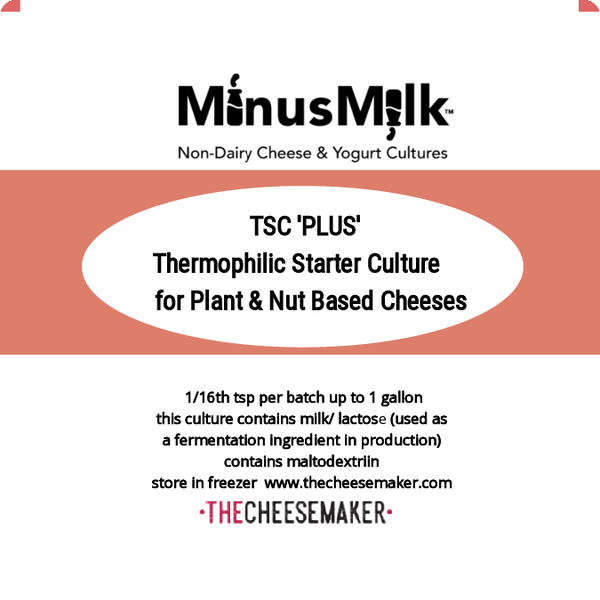 MinusMilk Thermophilic  Starter TSC PLUS is a Thermophilic Starter culture ideal for making Plant and Nut based cheeses.
Added strains of bacteria make this effective in fermenting a wide variety of nut milks and plant based milks and add 
texture and flavor to your non-dairy cheeses.   Contains Milk/Lactose which is used as a fermentation nutrient in production.