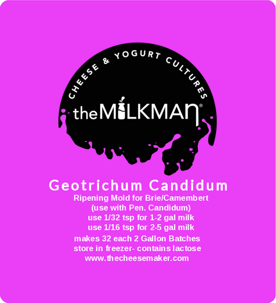 theMilkman® Geotrichum Candidum  2D Packet works with Penicillium Candidum to form a beautiful white rind on cheeses such as Brie and Camembert
use with approx 32 batches using 2 gallons of milk per batch