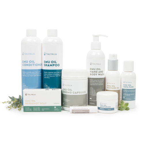 Pack 9: Shampoo, Conditioner, Body Wash, Pure Oil, Massage Oil, Capsules, Soap, 50g Moisturiser, Lip Balm