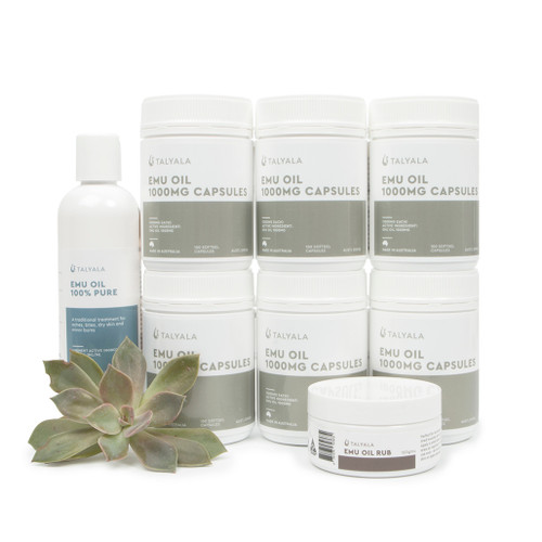 6 x Emu Oil Capsules 1000mg, 1 x 250ml Pure Emu Oil, 1 x 100g Emu Oil Rub
