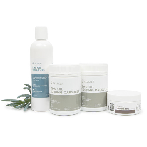 1 x 250ml Pure Emu Oil, 2 x Emu Oil Capsules 1000mg, 1 x Emu Oil Rub 100g