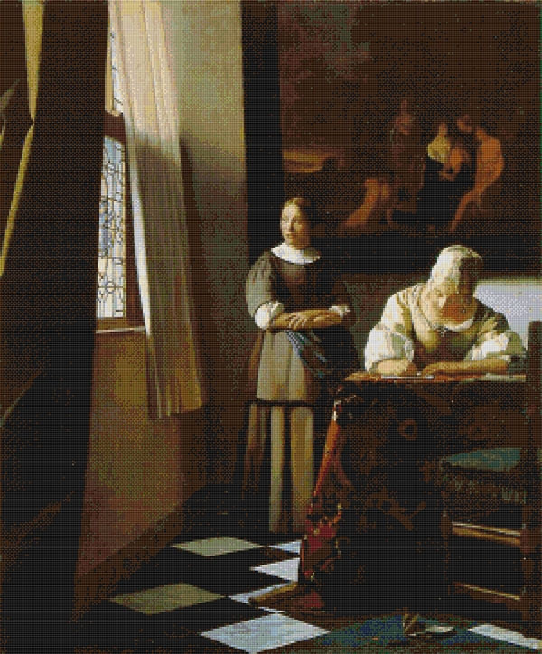 Lady Writing a Letter with Her Maid Cross Stitch Pattern