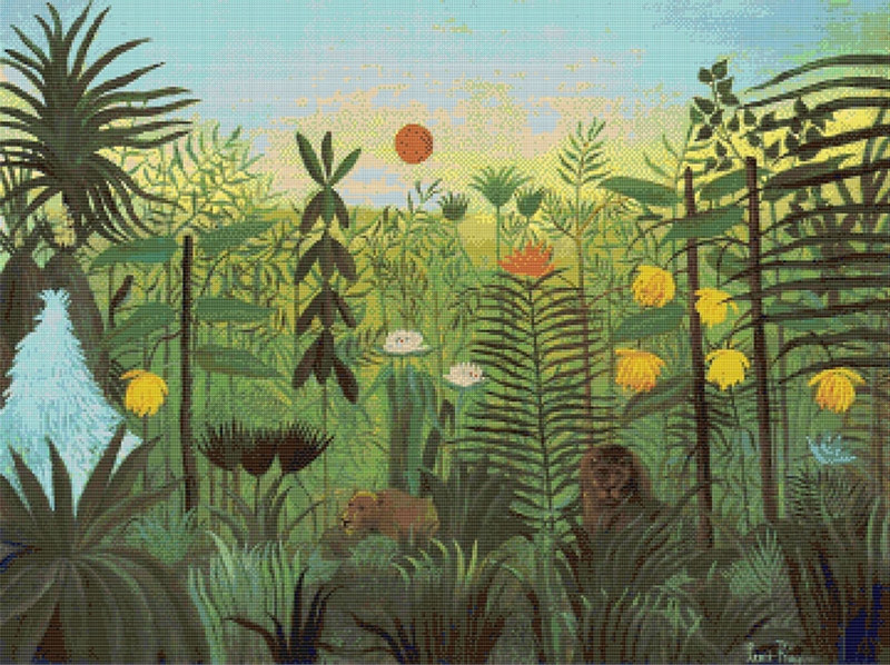 Henri Rousseau、Coin de Parc、海外版超希少レゾネ Exotic Landscape with Lion and Lioness Cross Stitch Pattern
