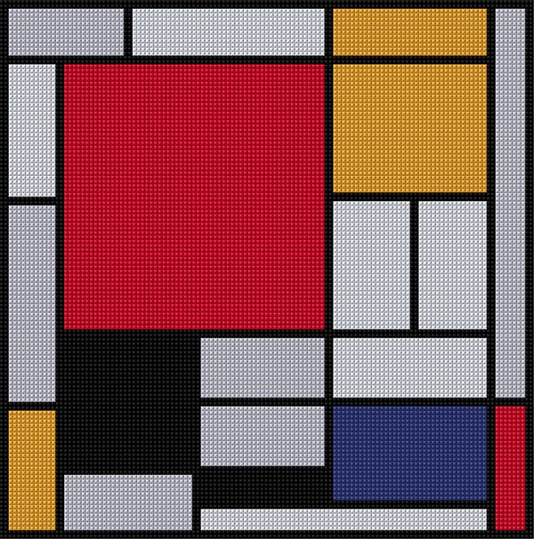 Composition w/ Red, Yellow, Blue & Black Cross Stitch Pattern