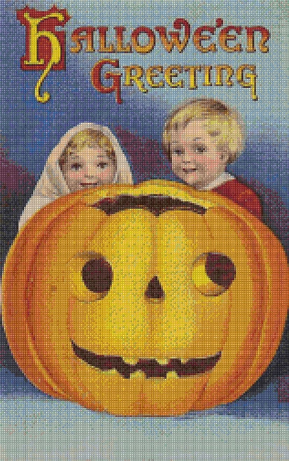 Boy and Girl Halloween Greeting Cross Stitch Pattern