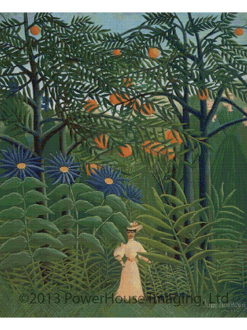 Woman Walking in an Exotic Forest Cross Stitch Pattern - Henri Rousseau