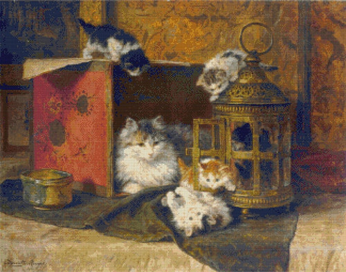 A Mother Cat Watching Her Kittens Playing Cross Stitch Pattern - Henriëtte Ronner-Knip