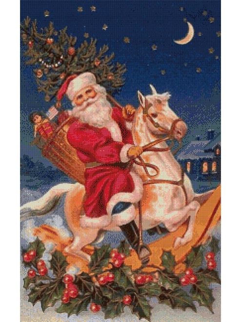 Santa on a Rocking Horse Cross Stitch Pattern