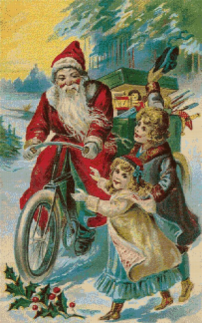 Santa on Bicycle Delivering Gifts Cross Stitch Pattern