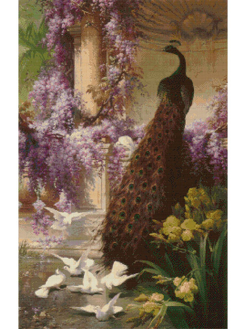 A Peacock and Doves in a Garden Cross Stitch Pattern - Eugene Bidau