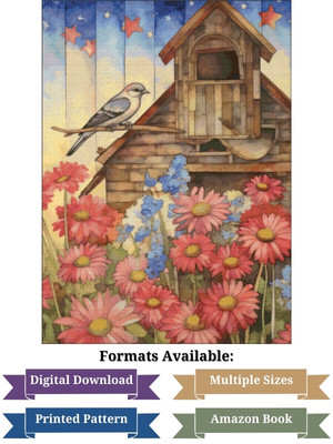 Rustic Americana Barn and Bird Cross Stitch Pattern