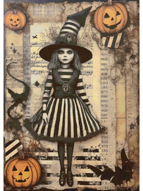 Striped Halloween Gothic Girl Cross Stitch Patern