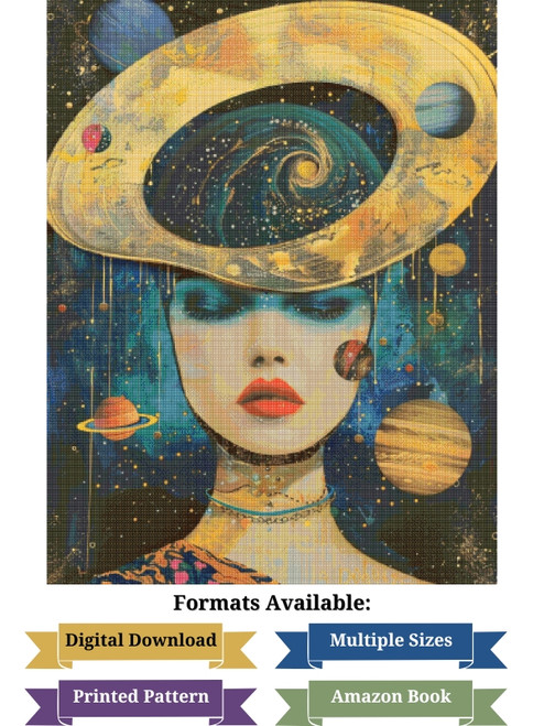 Surreal Portrait of Woman with Orbiting Planets Cross Stitch Pattern