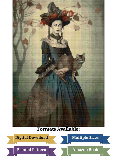 Autumn Witch with Cat Cross Stitch Pattern