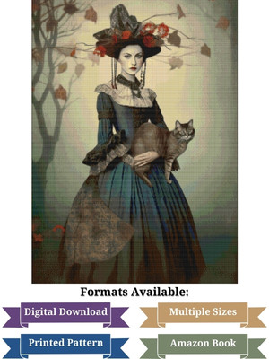Autumn Witch with Cat Cross Stitch Pattern