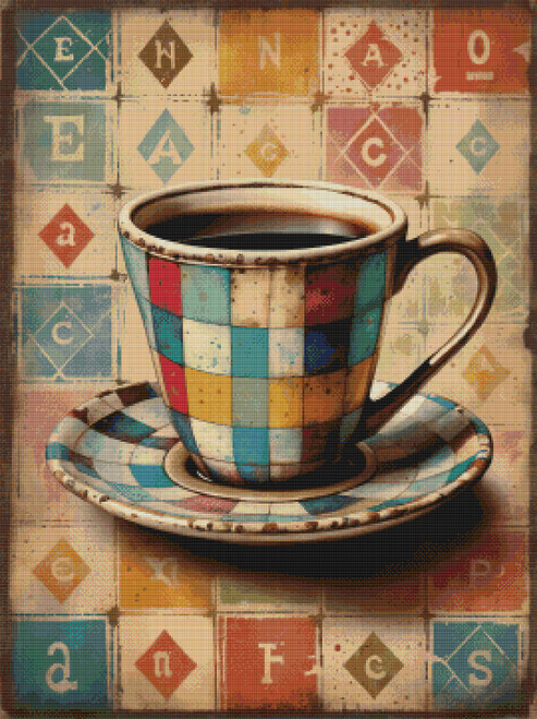 Vintage Patchwork Coffee Cup Cross Stitch Pattern