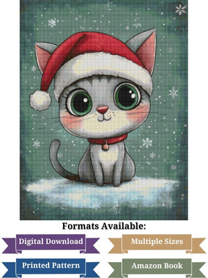 Christmas Cat with Santa Hat Cross Stitch Pattern