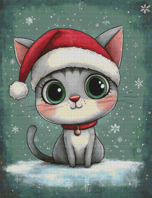 Christmas Cat with Santa Hat Cross Stitch Pattern
