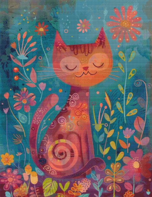 Serene Hippie Cat – Peaceful Boho Cross Stitch Pattern