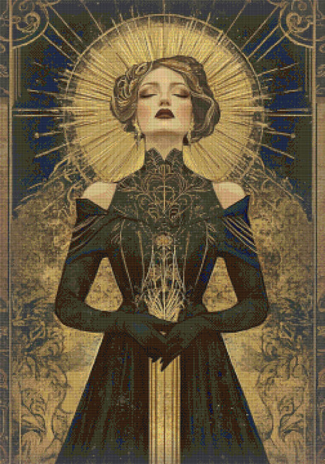 Art Deco Celestial Woman in Black and Gold Cross Stitch Pattern