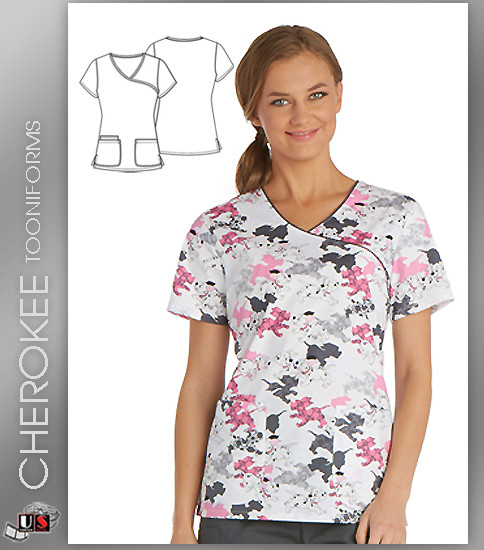 Cherokee Tooniforms Women's Mock Wrap Top in Puppy Run