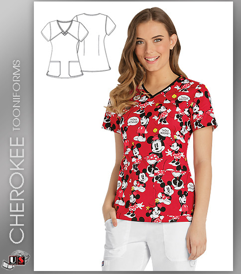 Cherokee Tooniforms Women's V-Neck Top in Think Minnie