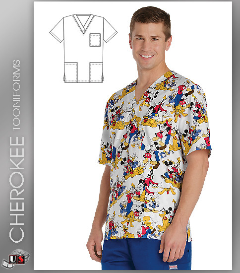 Cherokee Tooniforms Unisex V-Neck Knit Panel Top in Mickey Mouse Club