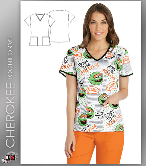 Cherokee Tooniforms Women's V-Neck Top in Born to Be Grouchy