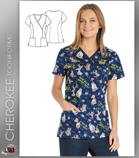 Cherokee Tooniforms Women's Mock Wrap Top in You Are My Pet
