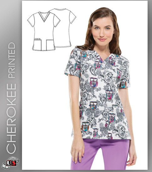 Cherokee Printed Look Hoo's Talking V-Neck Top