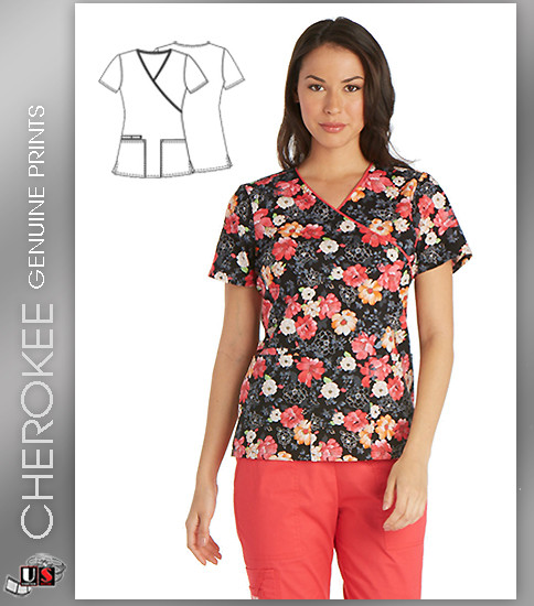 Cherokee Printed Women's Mock Wrap Short Sleeve Top in Fleur-ever Yours