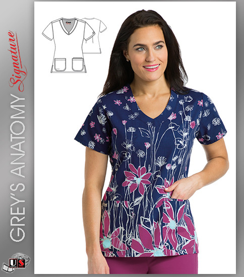 Grey's Anatomy™ Signature Women's V-Neck Flower Field Print Scrub Top