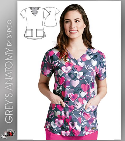 Grey's Anatomy™ Women's V-Neck Print Scrub Top - Ribbons of Hope