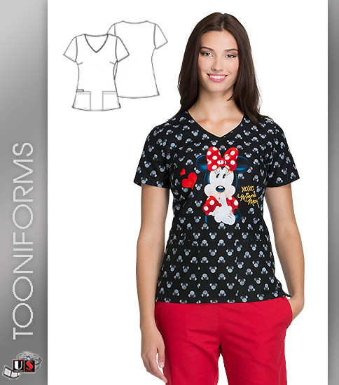 Cherokee Tooniforms Minnie XOXO V-Neck Print Scrub Tops
