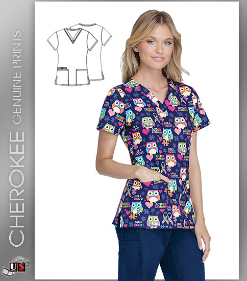 Cherokee Printed Give A Hoot For Autism! Women's V-Neck Top