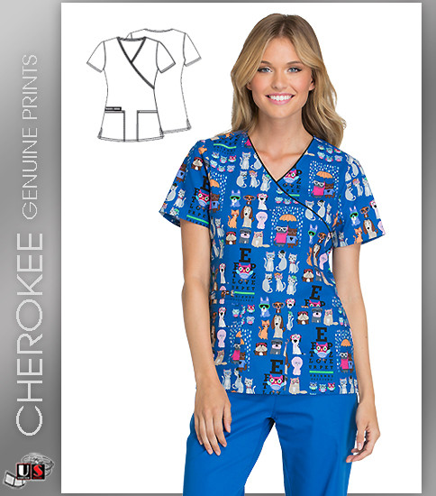 Cherokee Printed Howl About Those Glasses Mock Wrap Short Sleeve Top