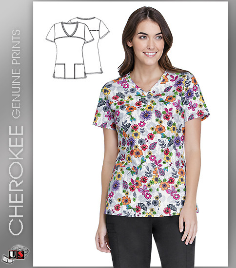 Cherokee Float Away Flowers Print V-Neck Scrub Tops