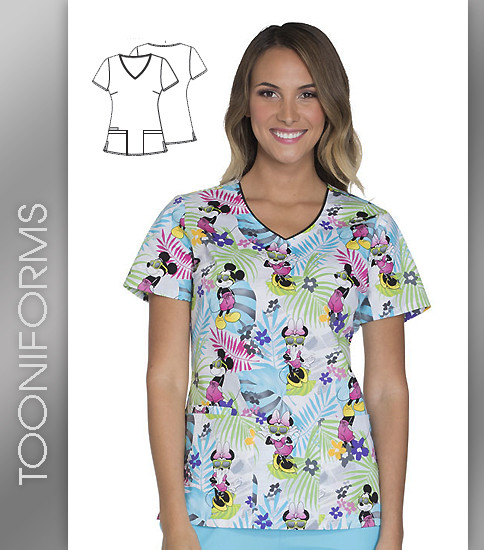 Cherokee Tooniforms Sunshine Mickey Women's V-Neck Short Sleeve Top