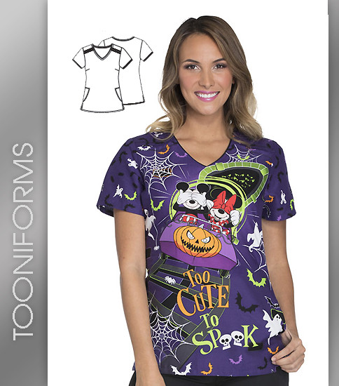 Cherokee Tooniforms Too Cute To Spook Women's V-Neck Short Sleeve Top