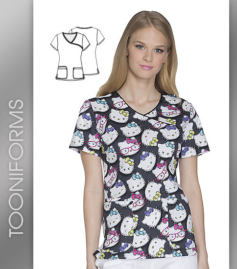 Cherokee Tooniforms Hello Kitty Glasses Women's Mock Wrap Top