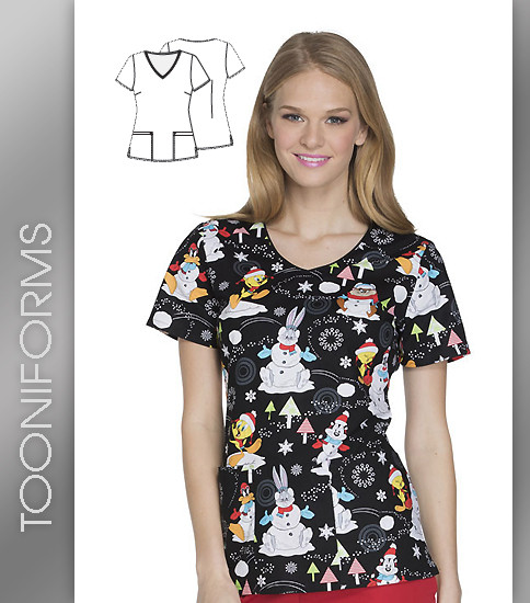 Cherokee Tooniforms Snow Much Fun Women's V-Neck Short Sleeve Top