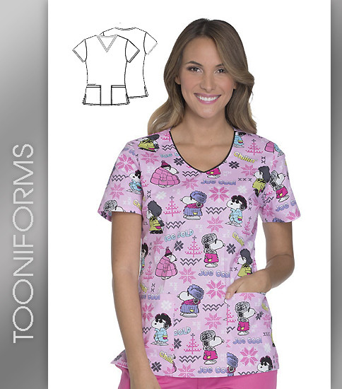 Cherokee Tooniforms Ice Cold Snoopy Women's V-Neck Short Sleeve Top