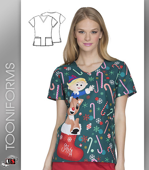 Cherokee Tooniforms Rudolph Candyland Women's V-Neck Short Sleeve Top