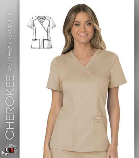 Cherokee WorkWear Revolution Mock Wrap Top Women's V-Neck Top