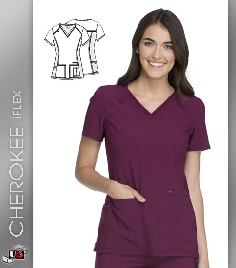 Cherokee iflex Women's V-Neck Knit Panel Short Sleeve Top -Solid Color