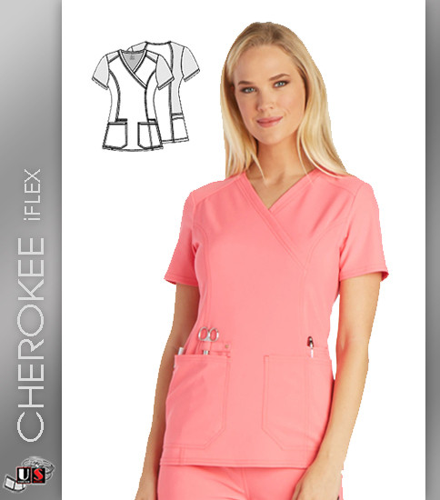 Cherokee iflex Women's V-Neck Short Sleeve Mock Wrap Knit Panel Top